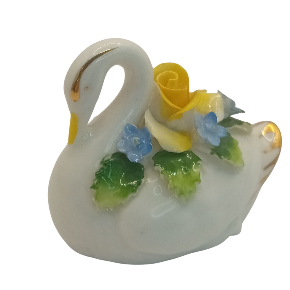Vintage Royal Adderley Swan Figurine Bone‎ China Floral Decor Gold Trim Accent